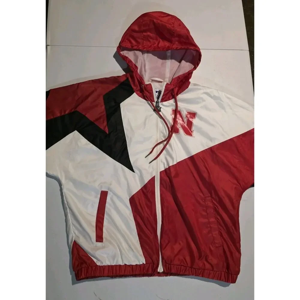 VINTAGE Nebraska Huskers Starter Jacket Mens Red White Black Hooded Windbreaker